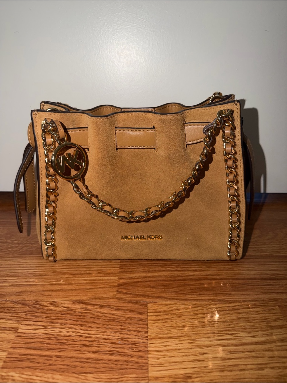 NWT Michael Kors MINA Small Suede Leather Chain Woven Crossbody Deer Light Brown